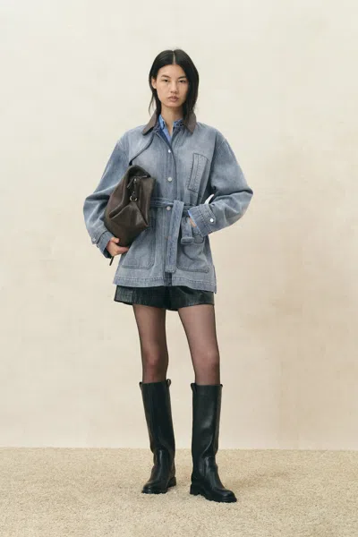 Fabrique Romy Belted Barn Jacket In Cotton Denim In Blue