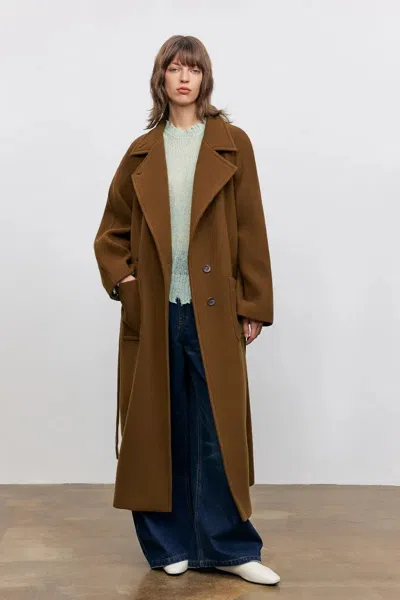 Fabrique Rond Detachable Belt Coat In Wool Twill In Brown