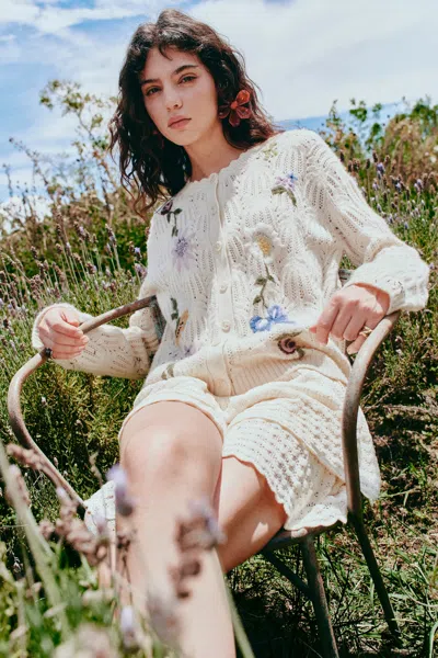 Fabrique Rosalie Hand Embroidery Openwork Cardigan In Wool Cotton Blend In White