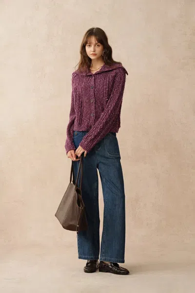 Fabrique Rosalina Convertible Shawl Collar Cardigan In Merino Wool Cable Knit In Purple