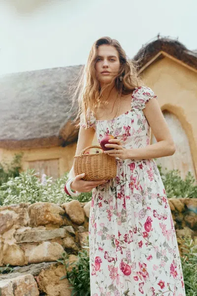 Fabrique Rosalina Smocked Pomegranate Print Strap Dress In Linen Blend In Multi