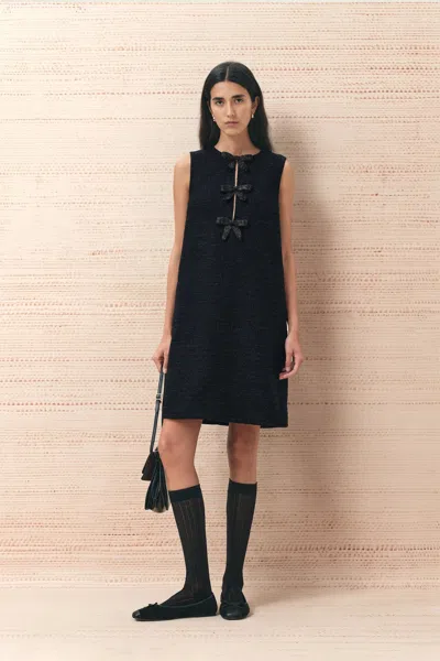 Fabrique Rosalind Beaded Bow Dress In Tweed In Black