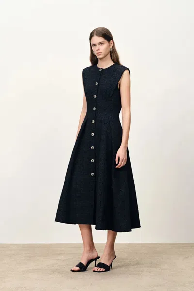 Fabrique Rosie Lapel Tweed Cinched Dress In French Bouclé In Black