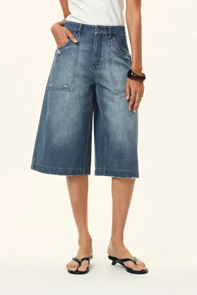Fabrique Roxy Faded Washed Bermuda Jeans In Cotton Denim In Blue