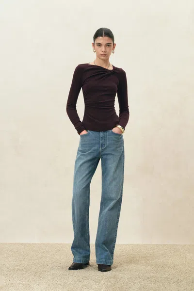 Fabrique Ruby Twisted Asymmetric Top In Cotton Blend Knit In Blue