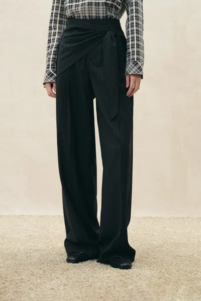 Fabrique Rue Striped Wide Leg Pants In Wool Blend In Black