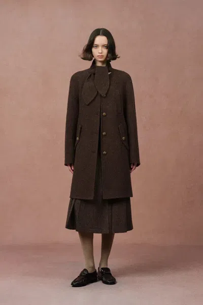 Fabrique Rye Bunny Ear Scarf Collar Midi Coat In Merino Mohair Loop Wool In Brown