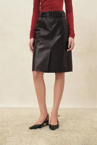 Fabrique Saga Croc Embossed Belted Midi Skirt In Faux Leather In Brown