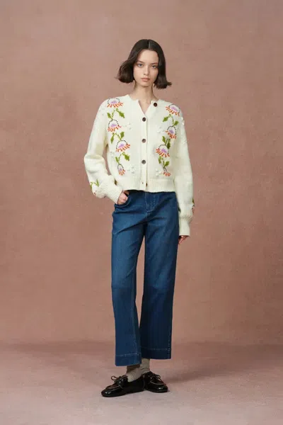 Fabrique Saga Floral Cardigan In Merino Wool Knit In Multi