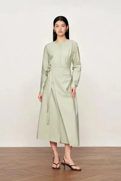 Fabrique Sage Wrap Tie Long Sleeve Dress In  Cotton Poplin In Green