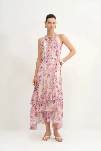 Fabrique Sally Hand Painted Flora Ruffle Dress In Summer Sheer In Pink
