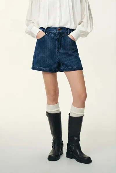 Fabrique Salome Vertical Stripe Shorts In Herringbone Denim In Blue