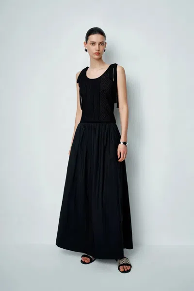 Fabrique Sama Mixed Fabric Maxi Dress In Stretch Silk And Micropleat Nylon In Black