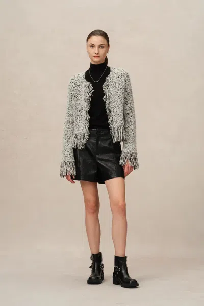 Fabrique Sara Fringe Knit Jacket In Multi-yarn Blend In Gray