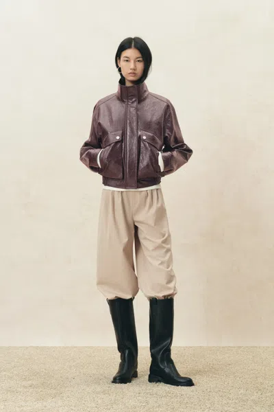 Fabrique Scarlett Batwing Cropped Jacket In Crinkled Vegan Leather In Brown