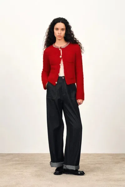 Fabrique Scarlett Rhinestone Cardigan In Wool Alpaca Knit In Red