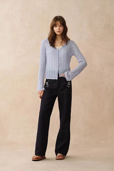 Fabrique Serenity V Neck Sheer Cardigan In Lightweight Cable Knit In Blue