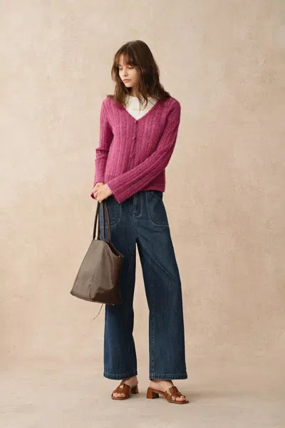 Fabrique Serenity V Neck Sheer Cardigan In Lightweight Cable Knit In Purple