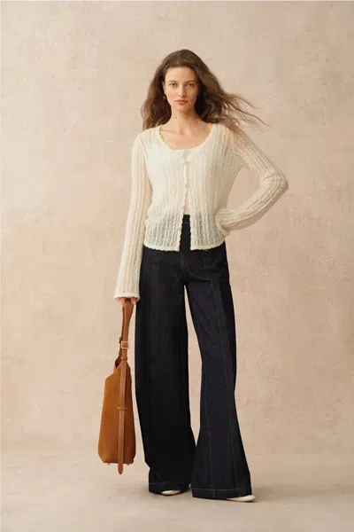 Fabrique Serenity V Neck Sheer Cardigan In Lightweight Cable Knit In White