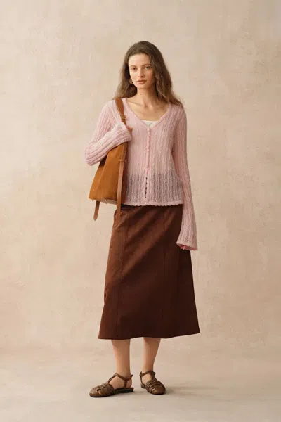 Fabrique Serenity V Neck Sheer Cardigan In Lightweight Mohair Cable Knit In Pink
