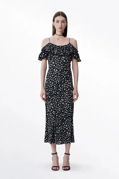 Fabrique Shalom Daisy Print Dress In Double Crepe Silk In Black