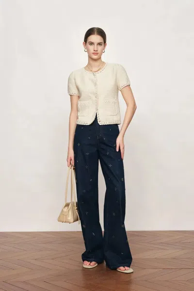 Fabrique Shay Short Sleeve Crop Cardigan In Textured Cotton Knit In White