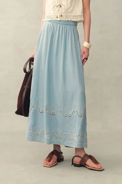 Fabrique Shirley Eyelet Embroidered Washed Light-blue Denim Skirt In Tencel Denim