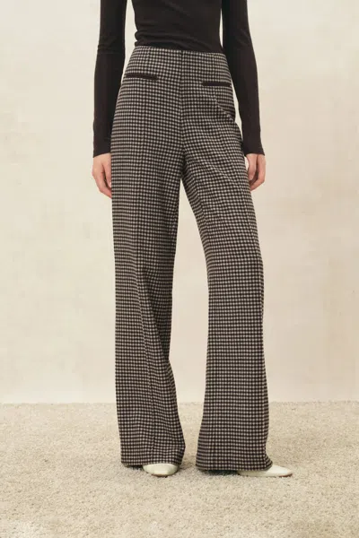Fabrique Shot Plaid Wide Leg Pants In Wool Blend In Earth Tone