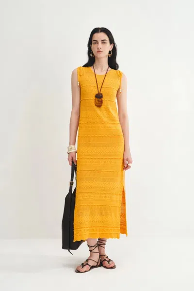 Fabrique Sibilla Ten Crochet Pattern Openwork Dress In Crisp Cotton Knit In Yellow