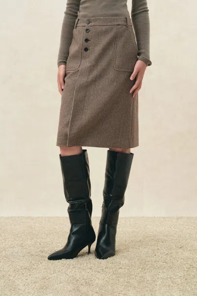 Fabrique Sidra Houndstooth Asymmetric Placket Skirt In Wool Blend In Earth Tone
