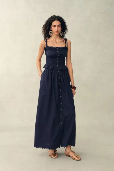 Fabrique Siena Smocked Tie Front Bandeau Top And Maxi Skirt Set In Linen Blend-dark Blue