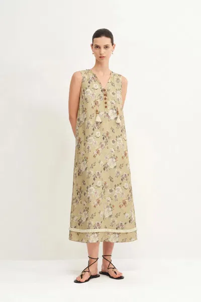 Fabrique Sienna V Neck Flora Print Dress In Linen In Yellow