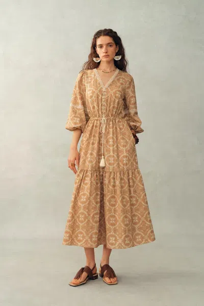 Fabrique Sierra V Neck Lantern Sleeve Maxi Dress In Burnout Floral Fabric In Brown