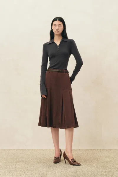 Fabrique Silvia Metallic Button Polo Top In Stretch Knit In Grey