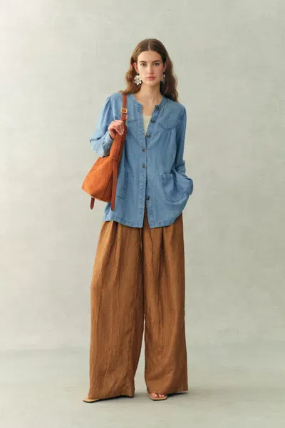 Fabrique Simone Smocked Tencel Denim Shirt In Tencel Denim In Blue