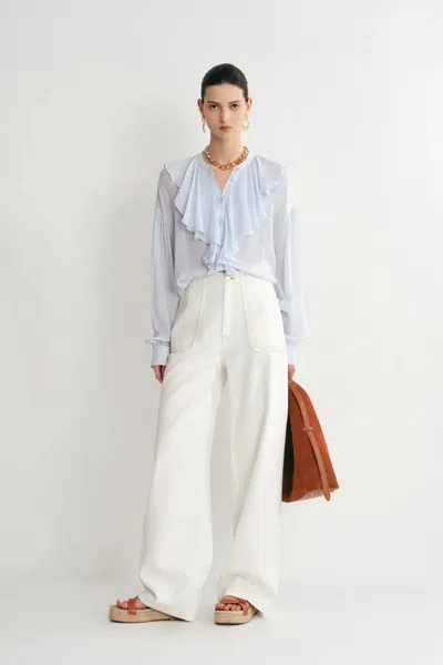 Fabrique Sini Ruffle Shirt In Silk Canton Crepe In Blue