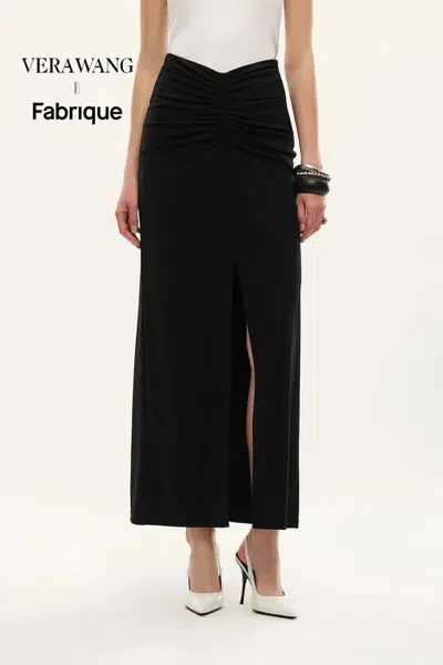 Fabrique Siren Ruched Slit Midi Skirt In Four Way Stretch Fabric In Black