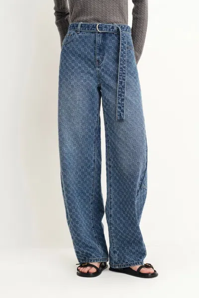 Fabrique Skylar Belted Textured Gradient Jeans In Jacquard Cotton Denim In Blue