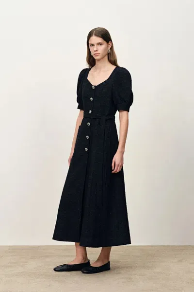 Fabrique Sofia Puffy Sleeves Maxi Dress In Lightweight Tweed Blend In Black