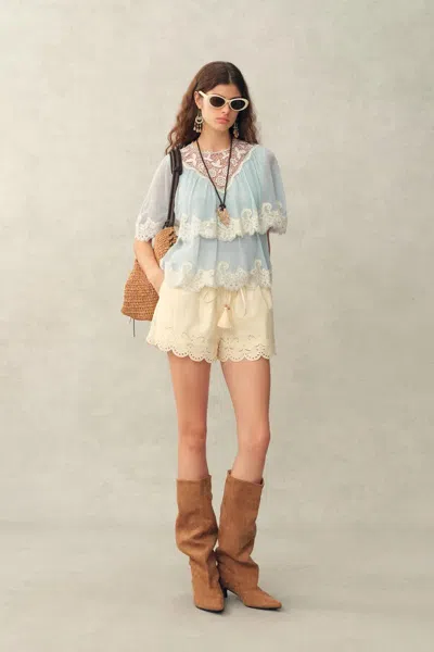 Fabrique Sophia Lace Embroidery Summer Cape Short Sleeve Blouse In Silk Blend Crinkled Georgette In Blue
