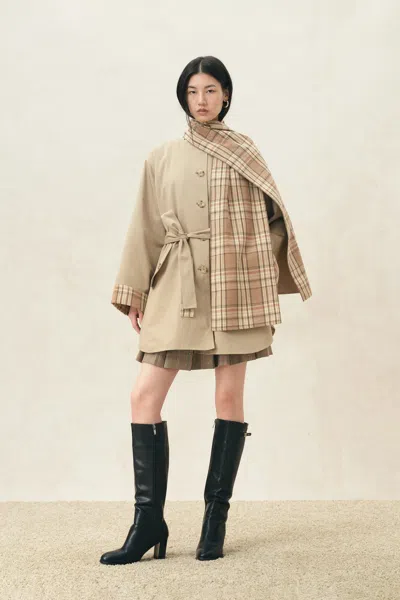 Fabrique Sophia Reversible Plaid Trench Coat With Scarf In Earth Tone