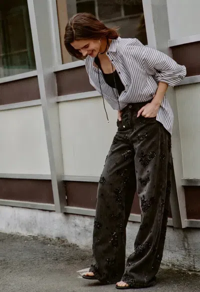 Fabrique Star Hand Beaded Rose Embellishment Straight Leg Jeans In Beaded Cotton Denim In Black