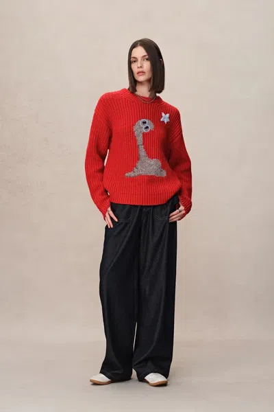 Fabrique Star Lover Zodiac Knit Sweater In Chunky Merino Wool Knit In Red