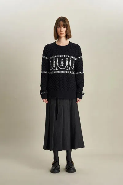 Fabrique Star Walker Black Fair Isle Pullover In Viscose Wool Pom-pom Yarn Knit