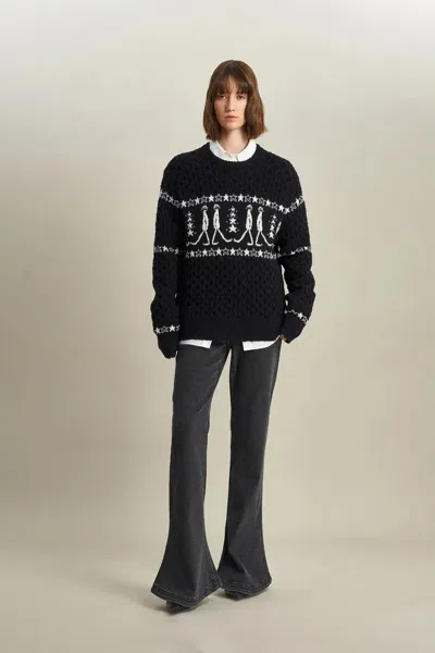 Fabrique Star Walker Black Fair Isle Pullover In Wool Pom-pom Yarn Knit