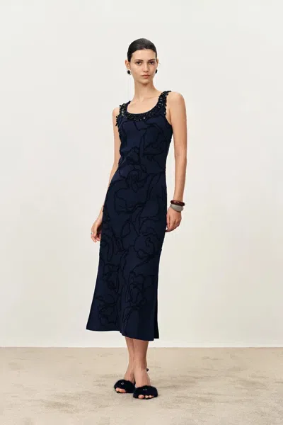Fabrique Stella Fringed Sleeveless Midi Dress In Cotton-elite Yarn Knit In Blue