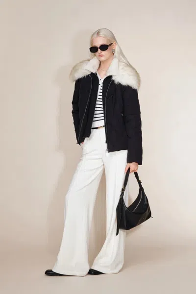 Fabrique Stella Layered Look Faux Fur Collar Down Jacket In Sorona 4-way Stretch Fabric In Black