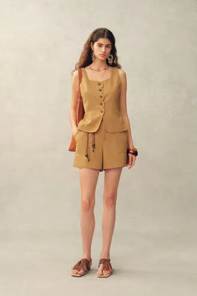 Fabrique Suzane Handwork Stitched Scalloped Trim Sleeveless Top And Shorts Set In Linen Blend Suiting In Brown