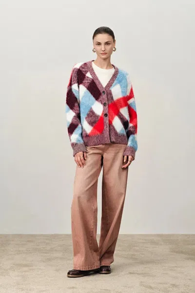 Fabrique Svala Twisted Plaid Cropped Cardigan In Wool Alpaca Blend In Blue