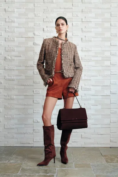 Fabrique Swift Boxy Tweed Jacket In Tencel-wool And Acetate Satin In Brown
